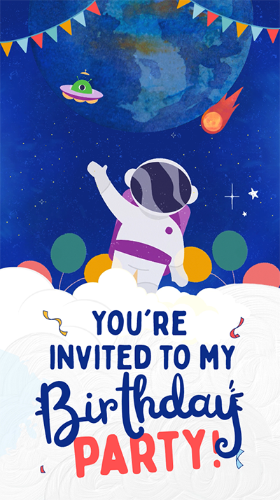 Blue and White Playful Astronaut Birthday Invitation